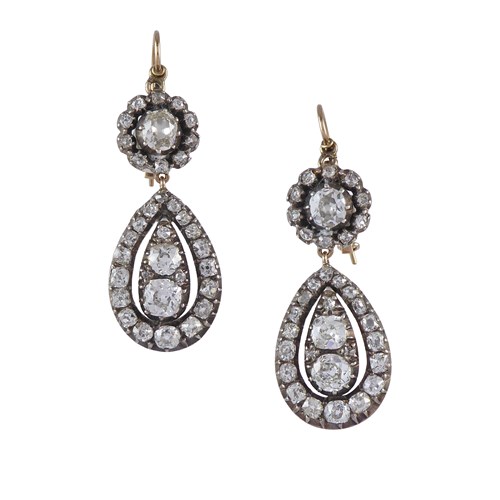 Pair of 19th century cushion diamond drop cluster pendant earrings, British c.1850,